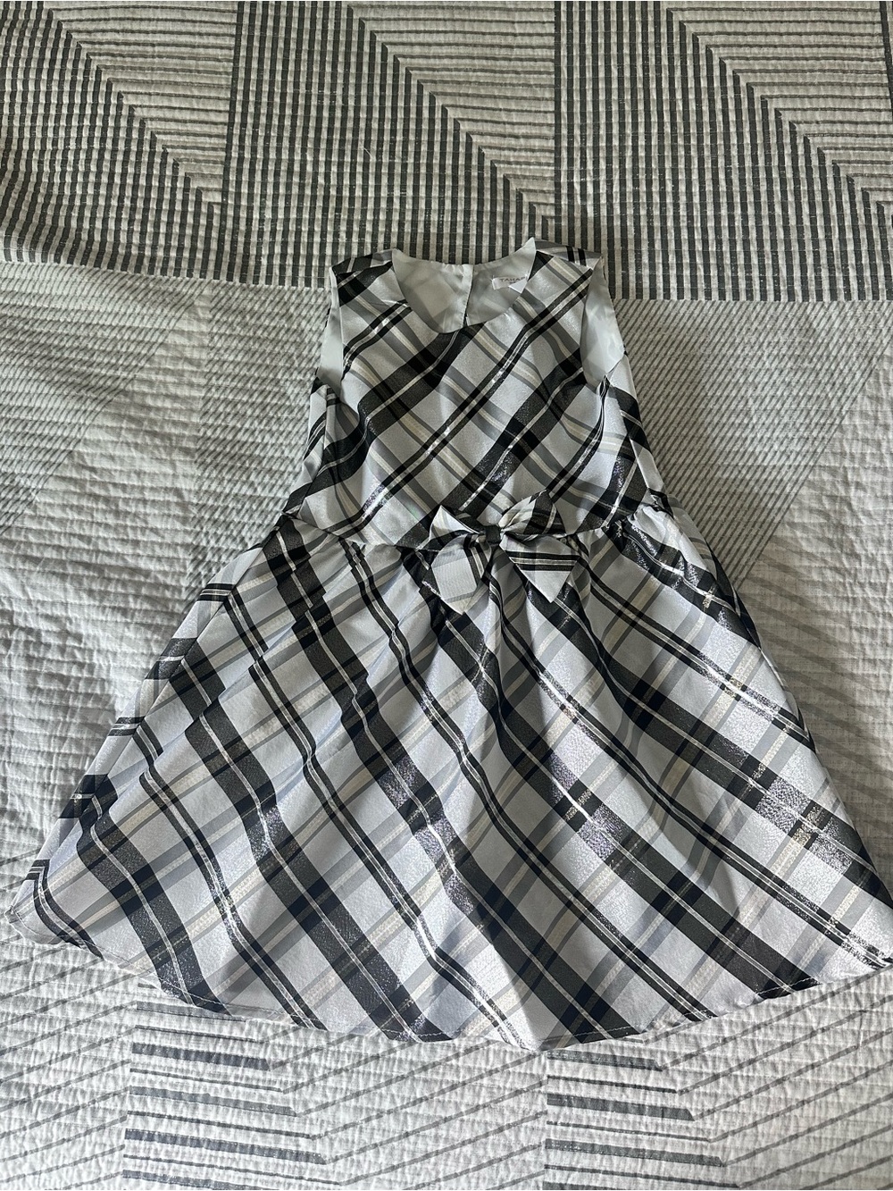 Tahari Black and White Plaid Bow-Front Formal Dress